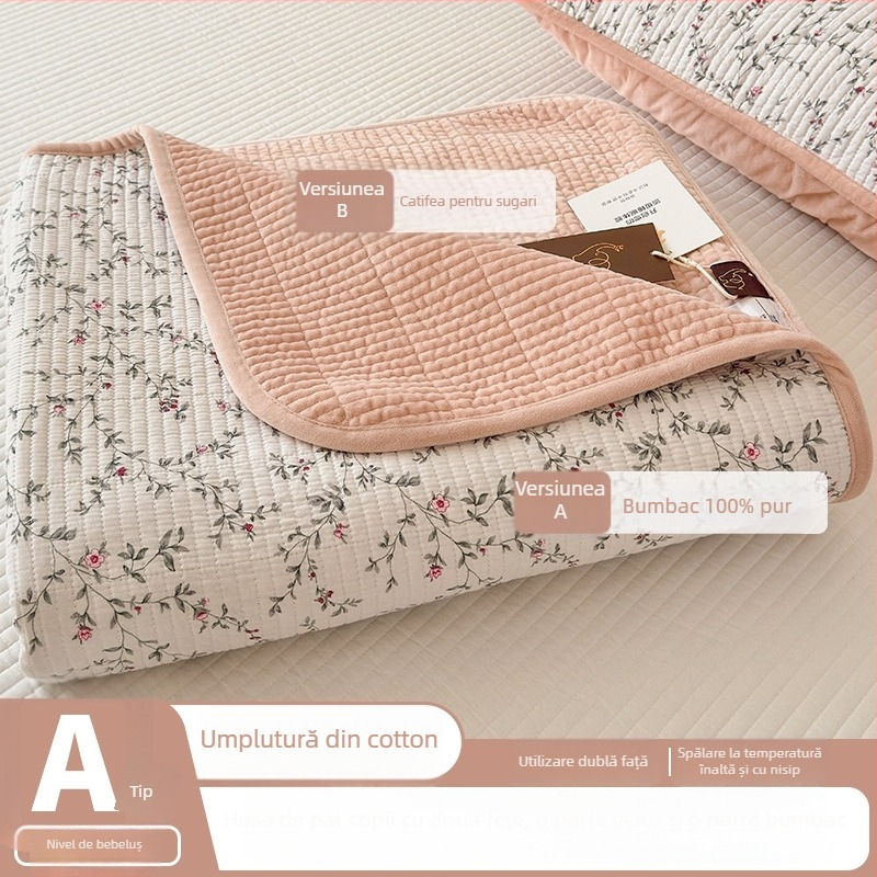 Cuvertură reversibilă pentru pat, set de trei piese — o parte din bumbac, cealaltă din catifea; țesătură 40s, vopsire reactiva, quiltare; spălare la temperatură înaltă