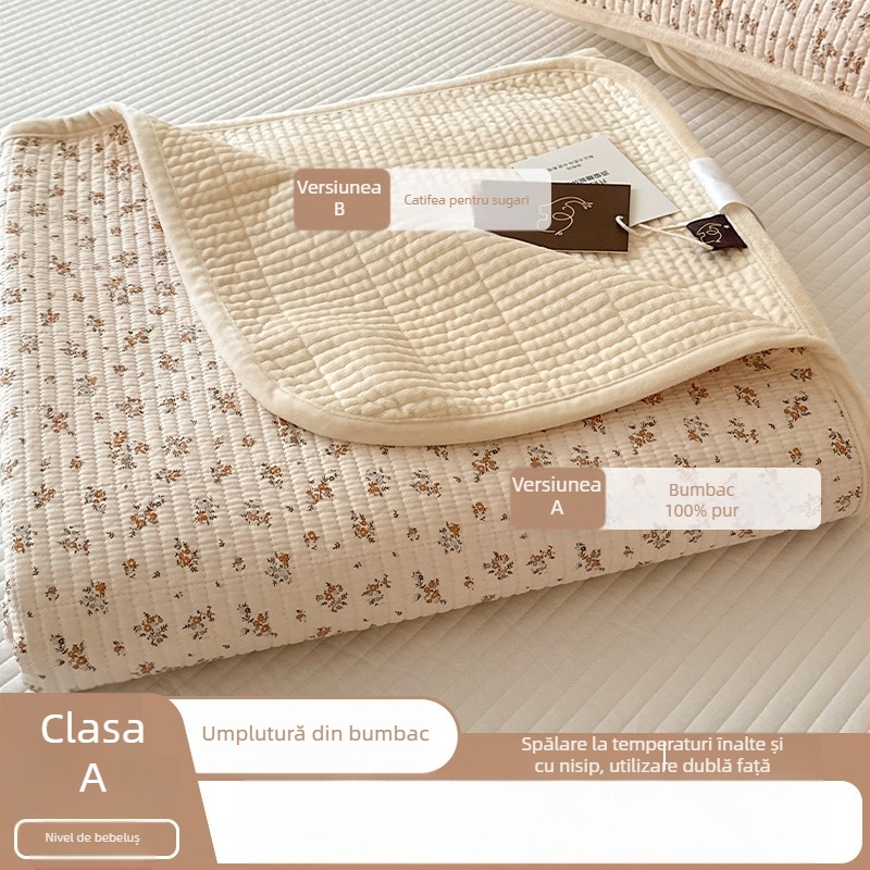 Cuvertură reversibilă pentru pat, set de trei piese — o parte din bumbac, cealaltă din catifea; țesătură 40s, vopsire reactiva, quiltare; spălare la temperatură înaltă