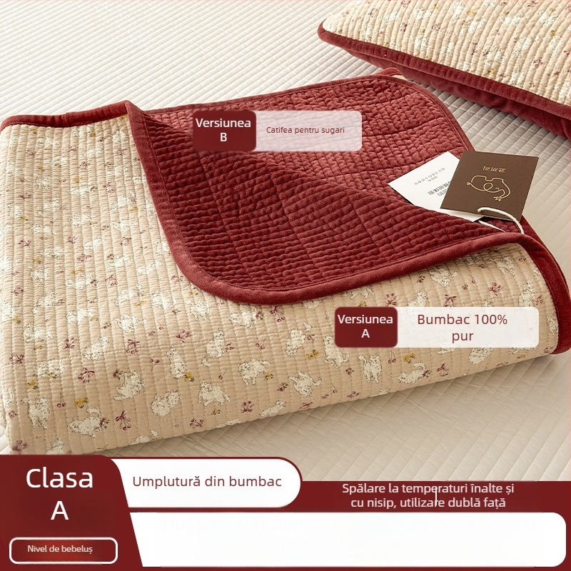 Cuvertură reversibilă pentru pat, set de trei piese — o parte din bumbac, cealaltă din catifea; țesătură 40s, vopsire reactiva, quiltare; spălare la temperatură înaltă
