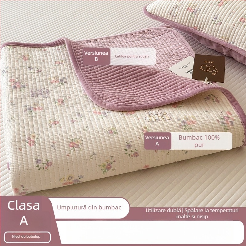 Cuvertură reversibilă pentru pat, set de trei piese — o parte din bumbac, cealaltă din catifea; țesătură 40s, vopsire reactiva, quiltare; spălare la temperatură înaltă