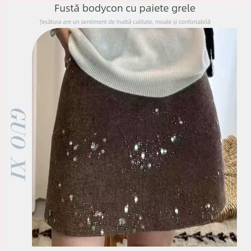 Fustă A-line cu paiete, talie înaltă, finisaj rezistent la cute, lansare iarna 2025