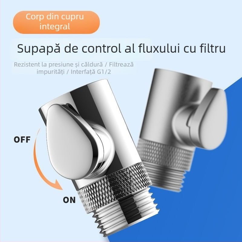 Duș din cupru cu ventil de control al fluxului, furtun de pulverizare anti-încâlcire, rezistent la presiune și la temperatură, robinet de siguranță cu buton de oprire a apei, integral din cupru