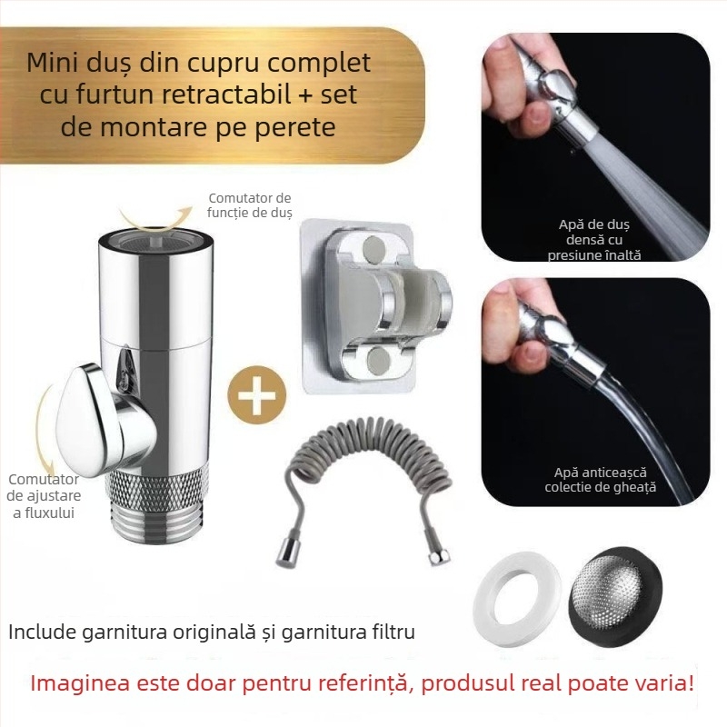 Duș din cupru cu ventil de control al fluxului, furtun de pulverizare anti-încâlcire, rezistent la presiune și la temperatură, robinet de siguranță cu buton de oprire a apei, integral din cupru