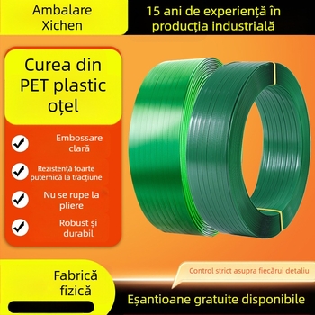 Bandă PET pentru ambalare manuală cu adeziv topit, modelele 1608/1609/1610, marca Xichen, rezistență la tracțiune 1000 N, greutate 20 kg