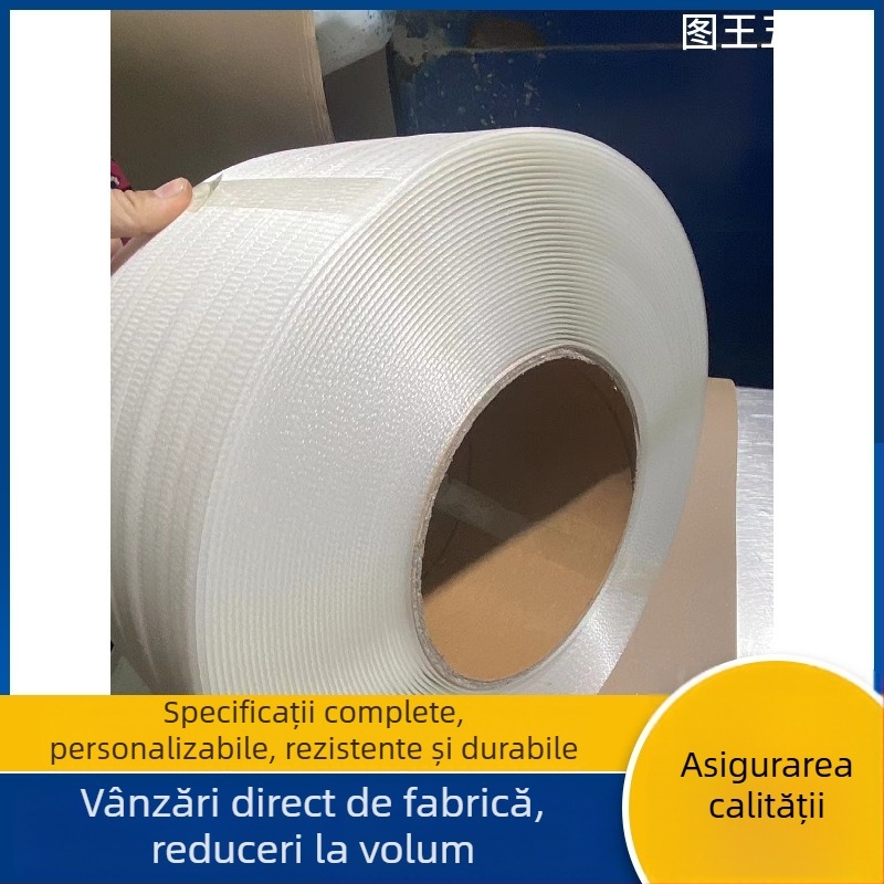 Bandă de ambalare cu dublă funcție, grosime 0,8 mm, rezistență la tracțiune 160 kg, tambur cu diametrul exterior 400 mm și interior 200 mm