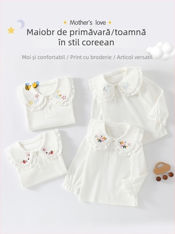 Tricou polo pentru fete, stil coreean, mâneci lungi, bumbac, broderie, model desen animat