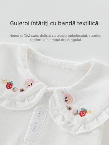 Tricou polo pentru fete, stil coreean, mâneci lungi, bumbac, broderie, model desen animat