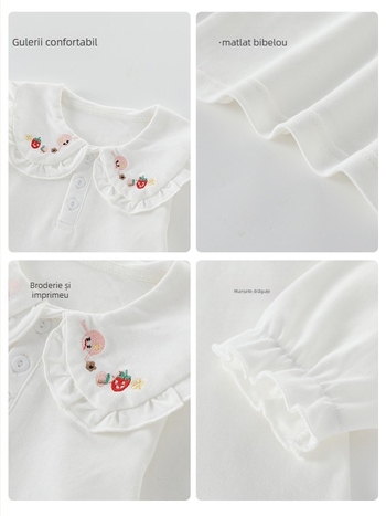 Tricou polo pentru fete, stil coreean, mâneci lungi, bumbac, broderie, model desen animat