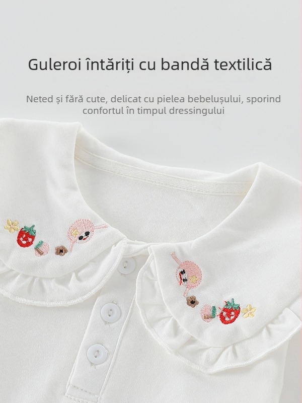Tricou polo pentru fete, stil coreean, mâneci lungi, bumbac, broderie, model desen animat