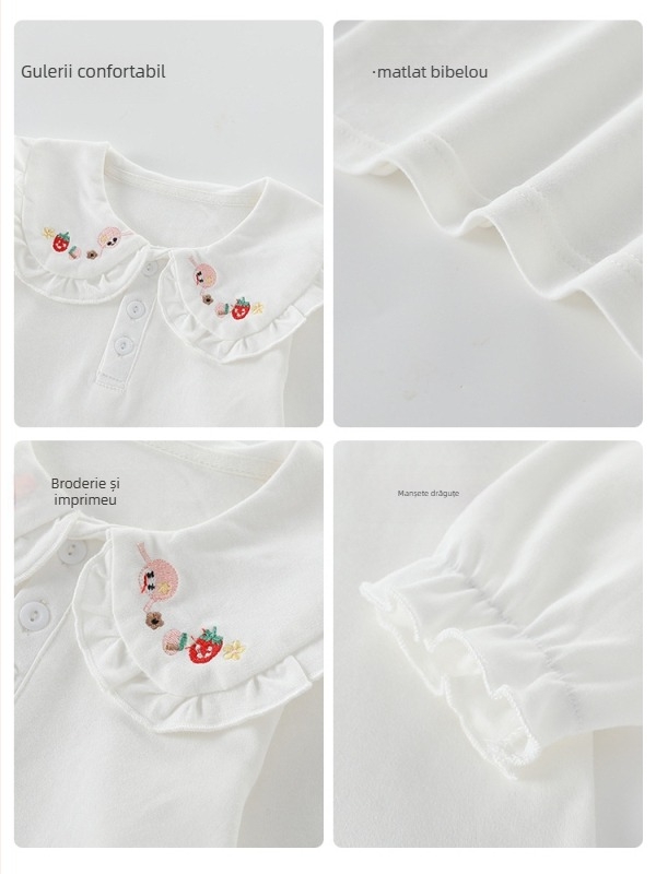 Tricou polo pentru fete, stil coreean, mâneci lungi, bumbac, broderie, model desen animat