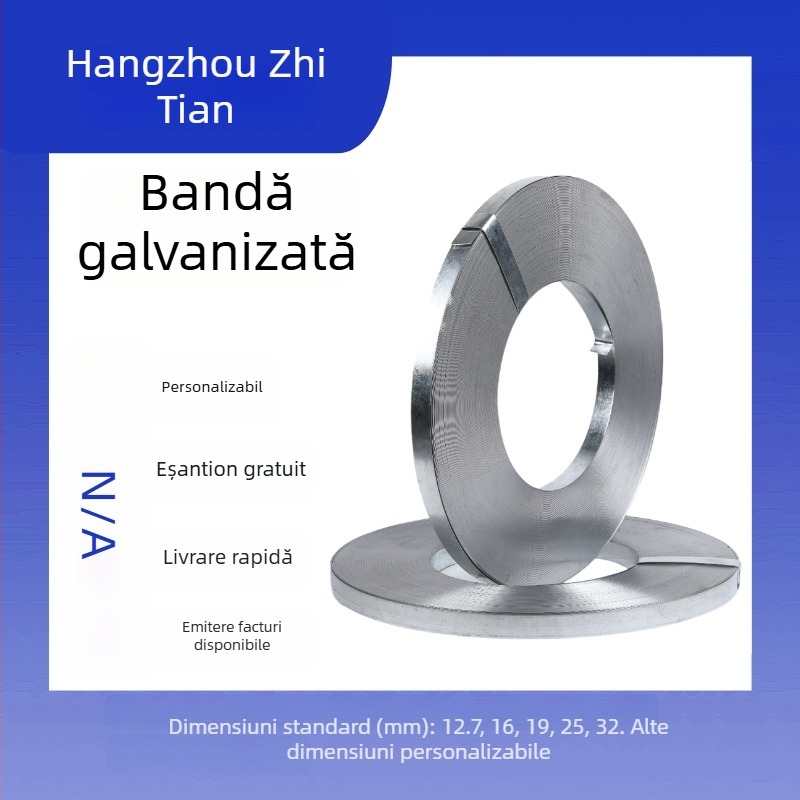 Bandă din oțel galvanizat pentru ambalarea produselor metalice, rezistență înaltă 850 MPa, grosime 0,5–1,0 mm, diametru intern tambur 300–400 mm