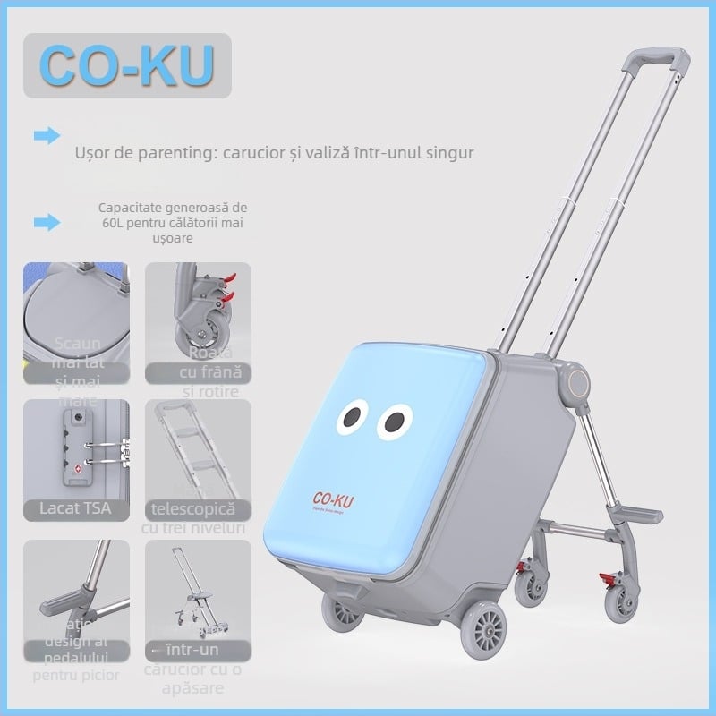 Bagaj de copii cu funcție de șezut, capacitate mare, carcasă PC, 5,1 kg, încuietoare TSA, deschidere cu fermoar, roți universale