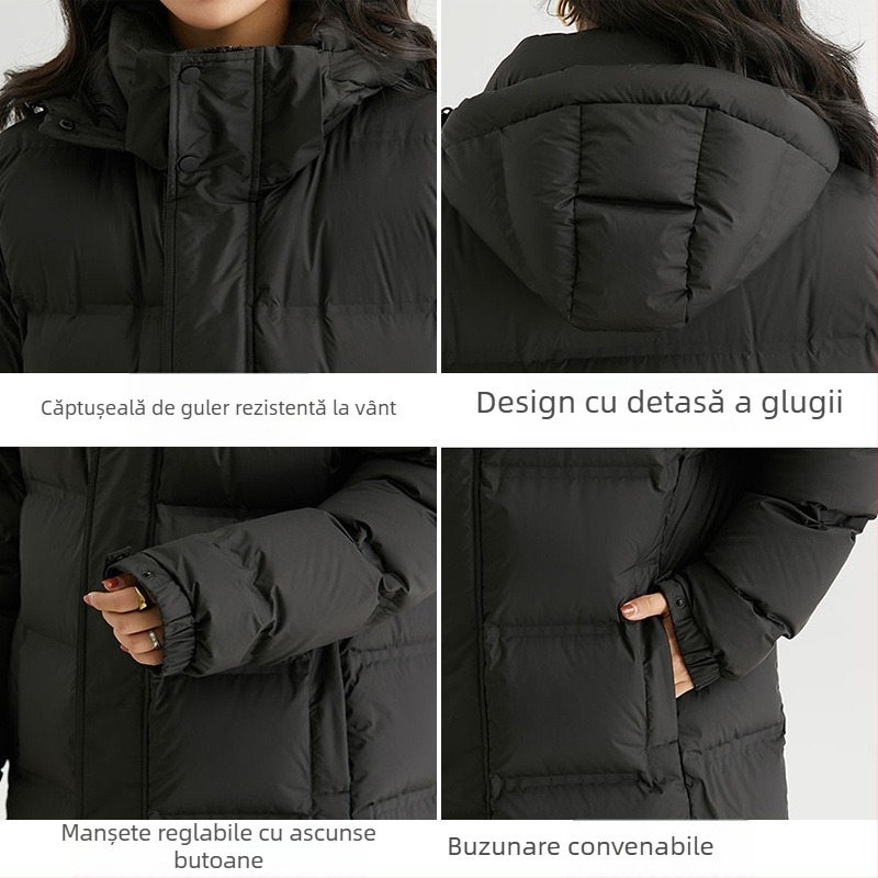 Geacă de iarnă lungă cu glugă, umplutură cu puf de gâscă 195-242 g, 800 puf, țesătură poliester