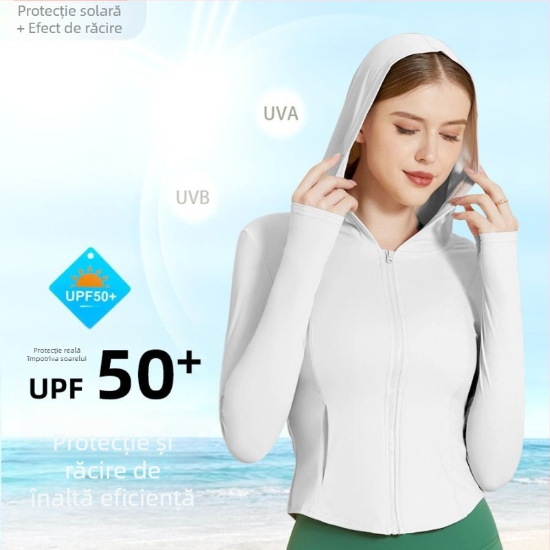 Hanorac pentru femei cu glugă, protecție UV UPF50+ din nylon, pentru alergare și fitness