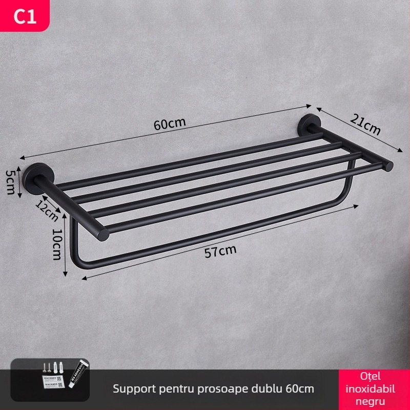 Raft pentru prosoape din oțel inoxidabil 304, montat pe perete, fără găuri, set din două piese, stil modern