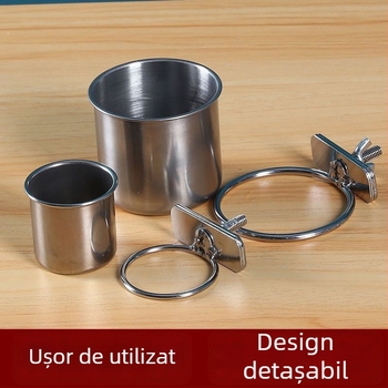 Hrănitor pentru papagal din oțel inoxidabil, cu clips pentru ceașcă și suport pentru pahare, canal de alimentare