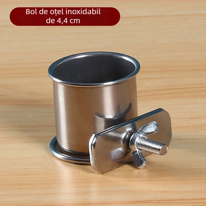 Hrănitor pentru papagal din oțel inoxidabil, cu clips pentru ceașcă și suport pentru pahare, canal de alimentare