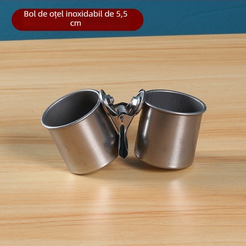 Hrănitor pentru papagal din oțel inoxidabil, cu clips pentru ceașcă și suport pentru pahare, canal de alimentare