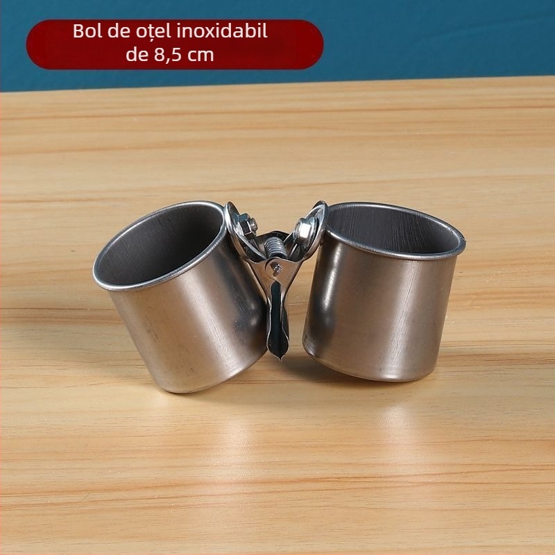 Hrănitor pentru papagal din oțel inoxidabil, cu clips pentru ceașcă și suport pentru pahare, canal de alimentare