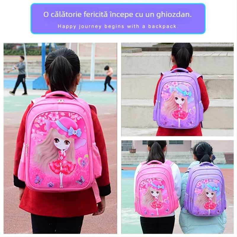 Ghiozdan pentru fete, pentru școala primară, nylon, respirabil, ușurează povara, model prințesă desen animat, căptușeală nylon