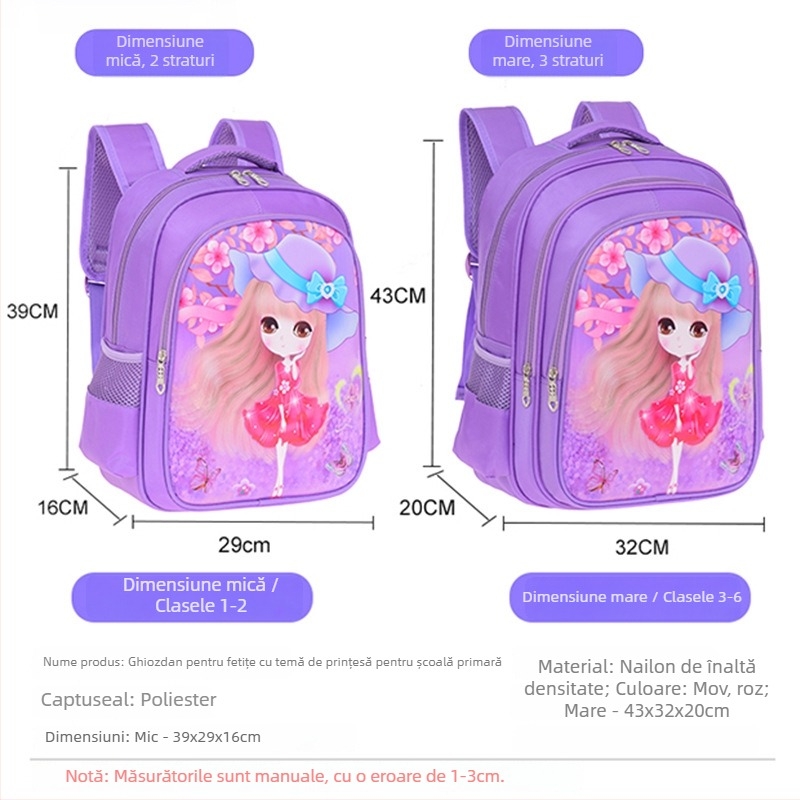 Ghiozdan pentru fete, pentru școala primară, nylon, respirabil, ușurează povara, model prințesă desen animat, căptușeală nylon