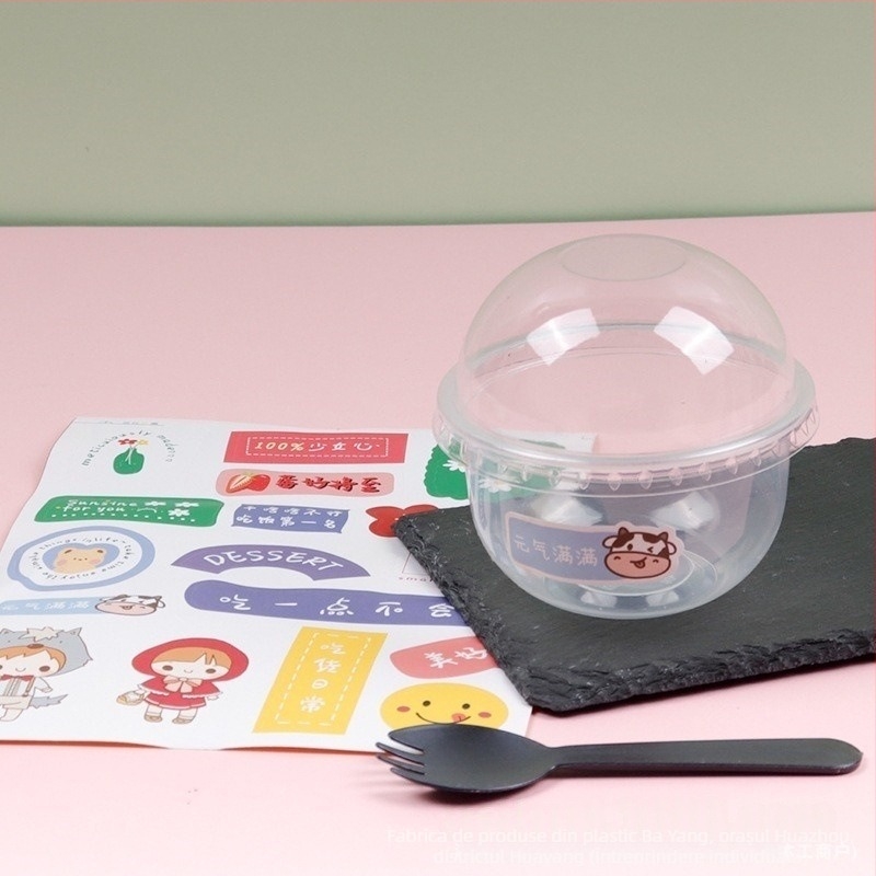 Bobo Cup pahar PET din plastic cu capac, furculă și lingură, set de etichete, imprimare logo disponibil