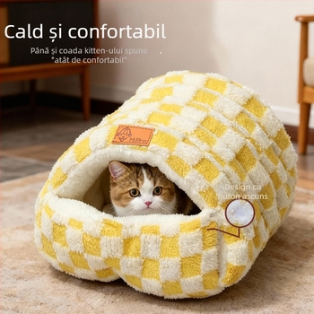 Cuib pentru pisici – design închis, cald iarna, material flanel, utilizare în interior, potrivit pentru pisici mici și medii