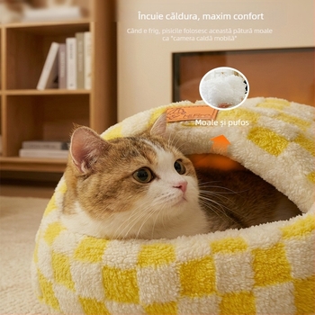 Cuib pentru pisici – design închis, cald iarna, material flanel, utilizare în interior, potrivit pentru pisici mici și medii