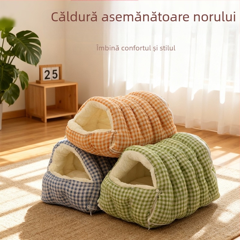 Cuib pentru pisici – design închis, cald iarna, material flanel, utilizare în interior, potrivit pentru pisici mici și medii