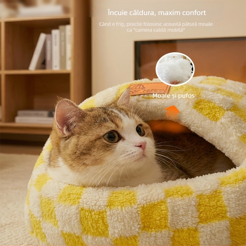 Cuib pentru pisici – design închis, cald iarna, material flanel, utilizare în interior, potrivit pentru pisici mici și medii