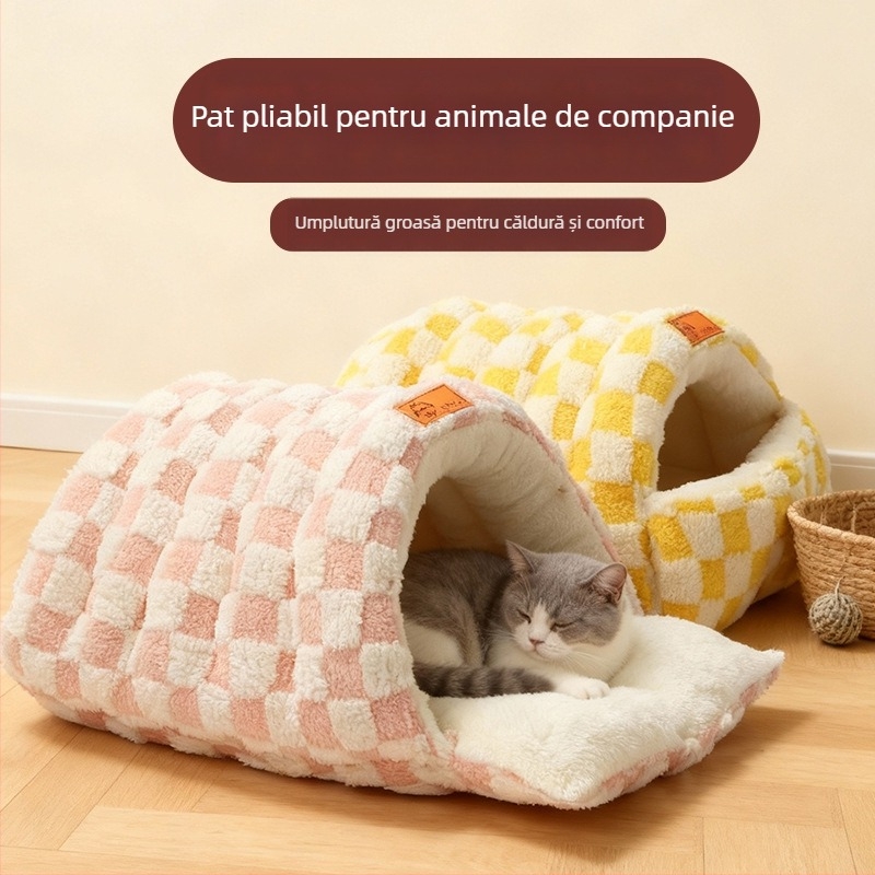 Cuib pentru pisici – design închis, cald iarna, material flanel, utilizare în interior, potrivit pentru pisici mici și medii