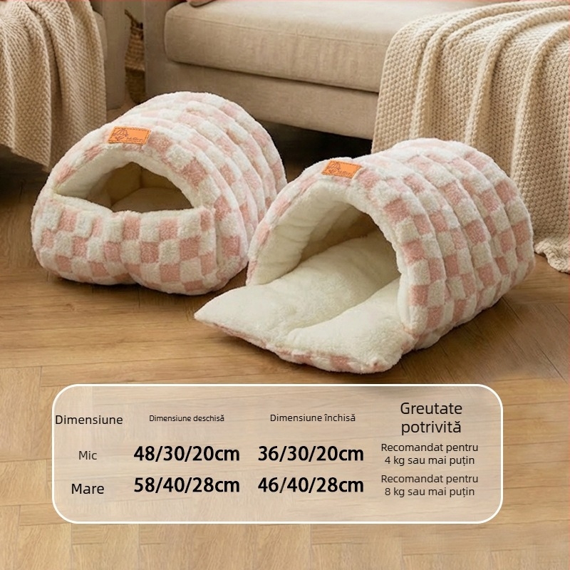 Cuib pentru pisici – design închis, cald iarna, material flanel, utilizare în interior, potrivit pentru pisici mici și medii
