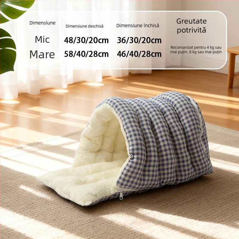 Cuib pentru pisici – design închis, cald iarna, material flanel, utilizare în interior, potrivit pentru pisici mici și medii