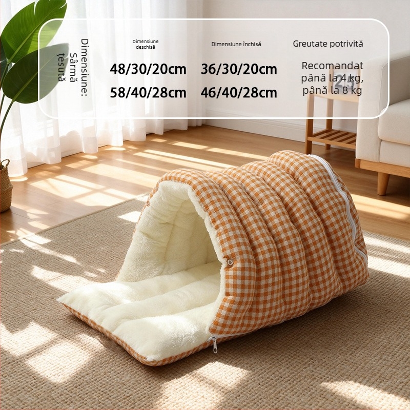 Cuib pentru pisici – design închis, cald iarna, material flanel, utilizare în interior, potrivit pentru pisici mici și medii