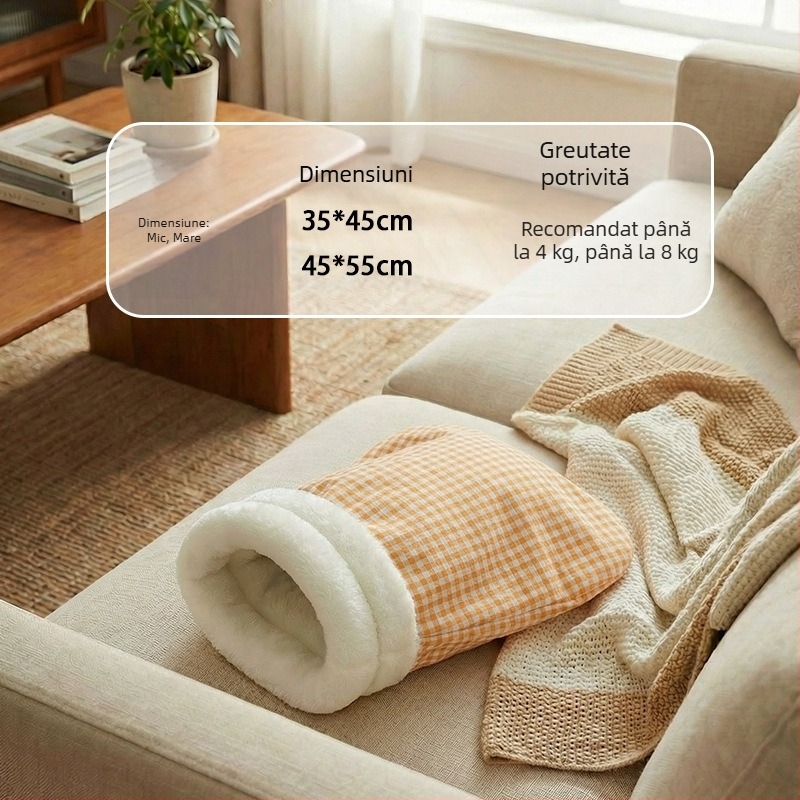 Cuib pentru pisici – design închis, cald iarna, material flanel, utilizare în interior, potrivit pentru pisici mici și medii