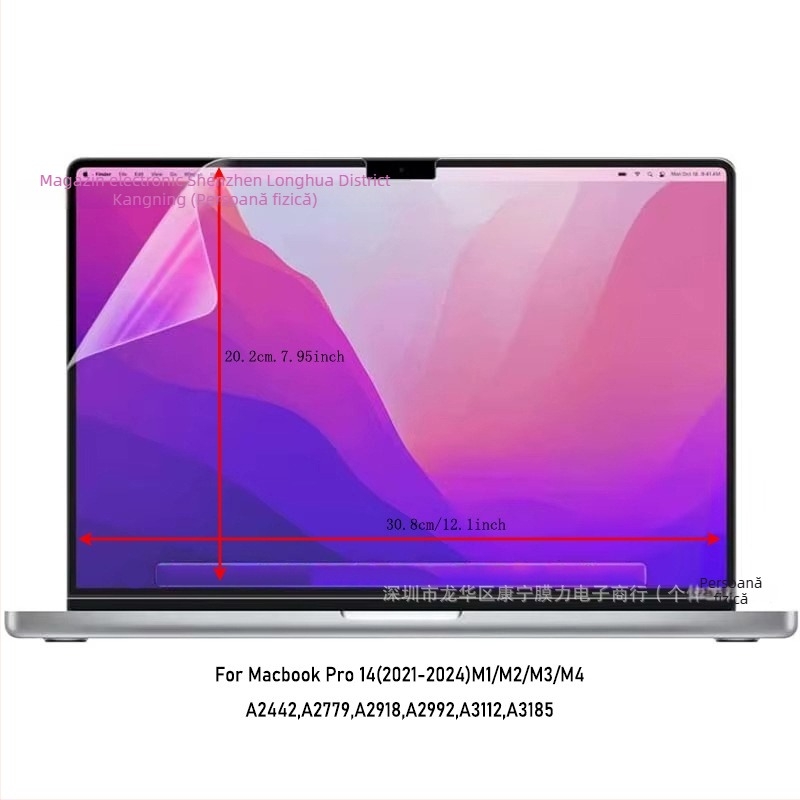 Folie protecție ecran MacBook Pro — Material PET, Filtru anti-lumina albastră, Compatibil cu mai multe modele MacBook
