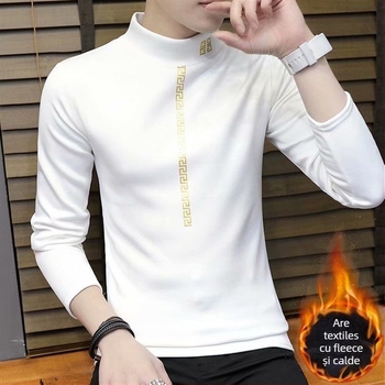 Tricou bărbătesc cu mâneci lungi, stil pulover, guler înalt, căptușit cu fleece, Slim fit, mâneci 3/4
