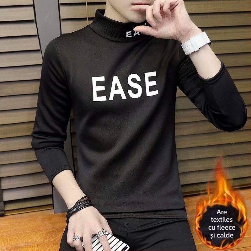 Tricou bărbătesc cu mâneci lungi, stil pulover, guler înalt, căptușit cu fleece, Slim fit, mâneci 3/4