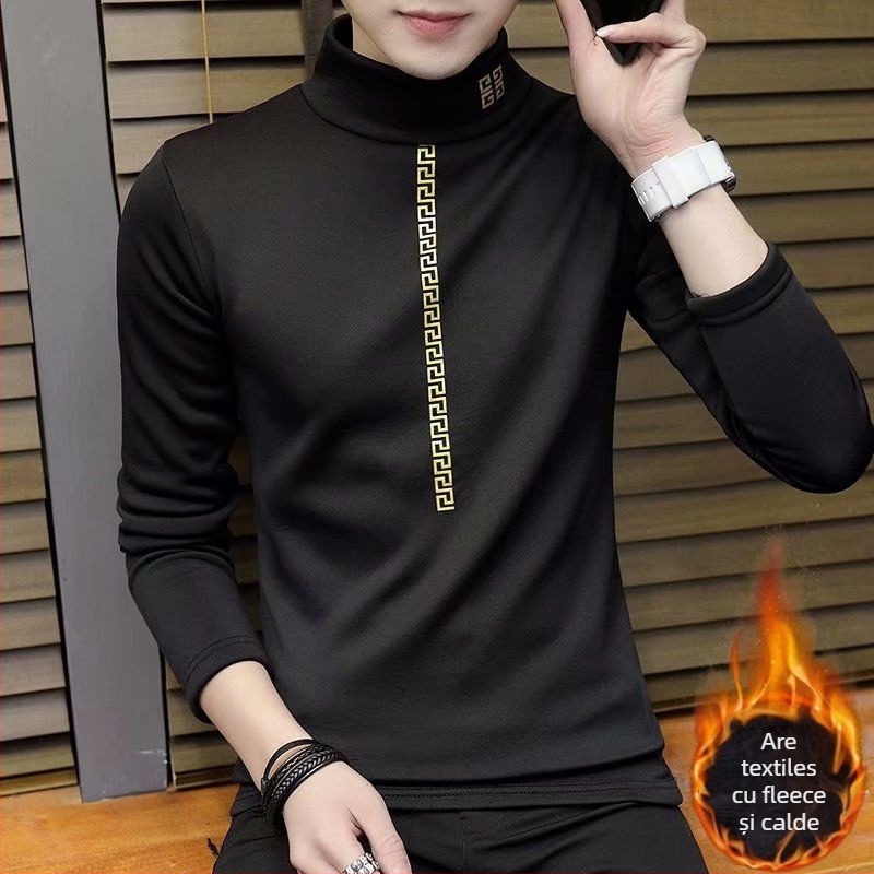 Tricou bărbătesc cu mâneci lungi, stil pulover, guler înalt, căptușit cu fleece, Slim fit, mâneci 3/4