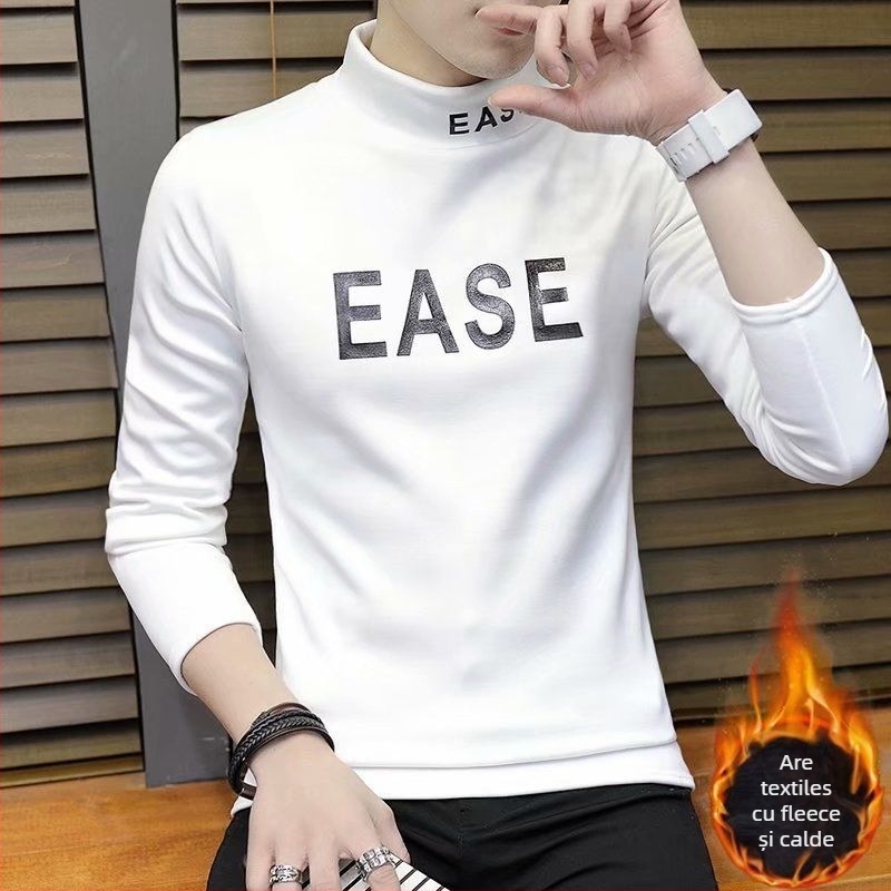 Tricou bărbătesc cu mâneci lungi, stil pulover, guler înalt, căptușit cu fleece, Slim fit, mâneci 3/4