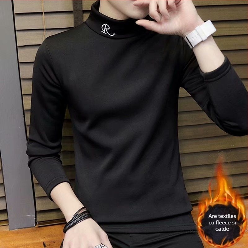 Tricou bărbătesc cu mâneci lungi, stil pulover, guler înalt, căptușit cu fleece, Slim fit, mâneci 3/4