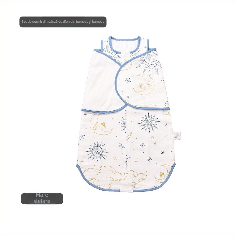 Sac de dormit pentru nou-născuți, înfășurare din bambus-pamuk, stil vestă, toate anotimpurile, model desen animat, fermoar nylon, lavabil; țesătură și căptușeală: 70% fibră regenerată de celuloză, 30% bumbac.