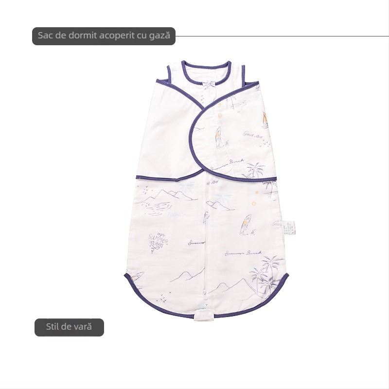 Sac de dormit pentru nou-născuți, înfășurare din bambus-pamuk, stil vestă, toate anotimpurile, model desen animat, fermoar nylon, lavabil; țesătură și căptușeală: 70% fibră regenerată de celuloză, 30% bumbac.