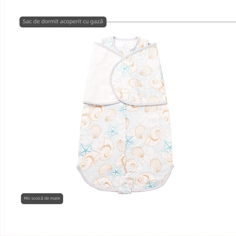 Sac de dormit pentru nou-născuți, înfășurare din bambus-pamuk, stil vestă, toate anotimpurile, model desen animat, fermoar nylon, lavabil; țesătură și căptușeală: 70% fibră regenerată de celuloză, 30% bumbac.