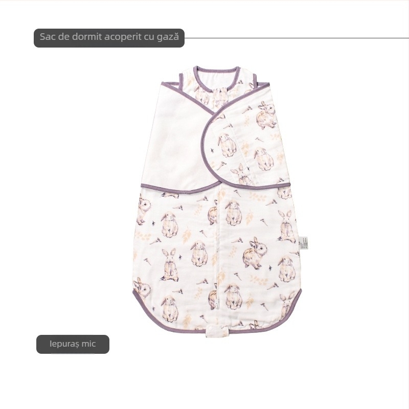 Sac de dormit pentru nou-născuți, înfășurare din bambus-pamuk, stil vestă, toate anotimpurile, model desen animat, fermoar nylon, lavabil; țesătură și căptușeală: 70% fibră regenerată de celuloză, 30% bumbac.