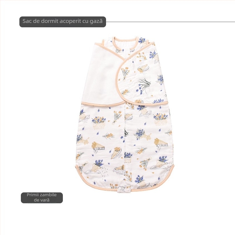 Sac de dormit pentru nou-născuți, înfășurare din bambus-pamuk, stil vestă, toate anotimpurile, model desen animat, fermoar nylon, lavabil; țesătură și căptușeală: 70% fibră regenerată de celuloză, 30% bumbac.