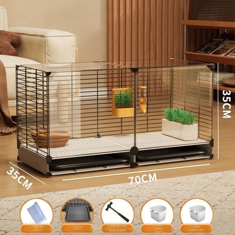 Cușcă de iepuri din lemn, interior transparent în stil vilă, cu curățare automată a excrementelor