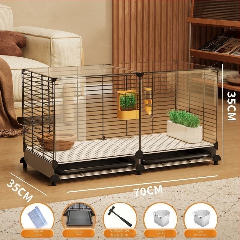 Cușcă de iepuri din lemn, interior transparent în stil vilă, cu curățare automată a excrementelor