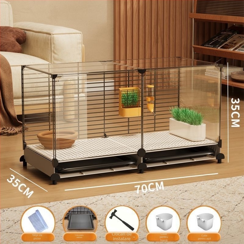 Cușcă de iepuri din lemn, interior transparent în stil vilă, cu curățare automată a excrementelor