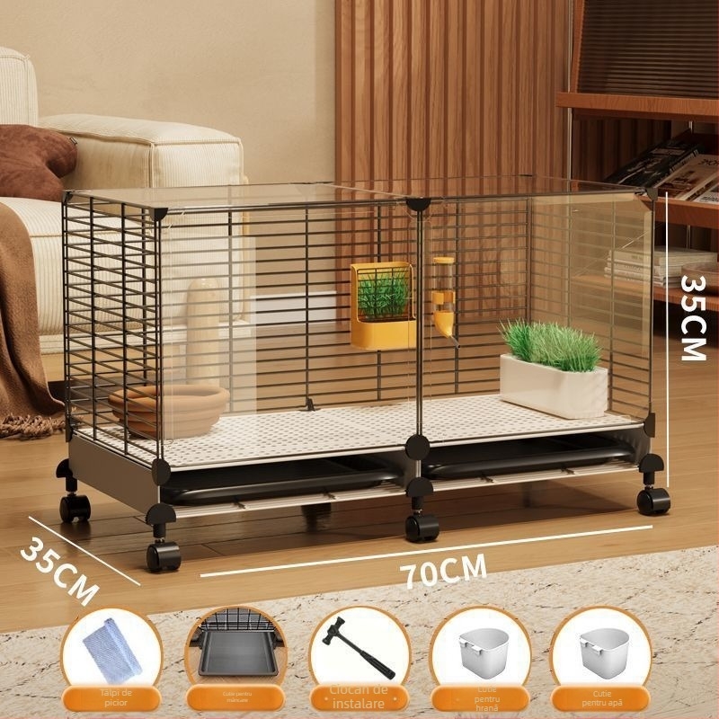 Cușcă de iepuri din lemn, interior transparent în stil vilă, cu curățare automată a excrementelor